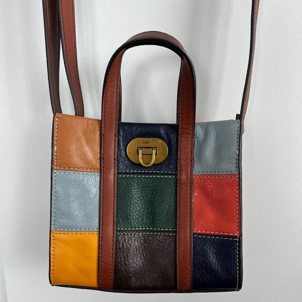 FOSSIL~ Multicolor Leather Crossbody Bag w/ Turnlock & Brass Tone Hardware